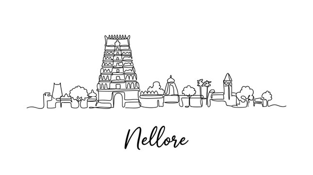 Nellore city skyline with Sri Ranganathaswamy Temple landmarks continuous one line art vector