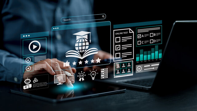 Online learning platform with course rating, accreditation and AI system on laptop and tablet. Concept of e learning, digital education, certification, knowledge and modern education technology. LMS.