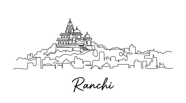 Ranchi India skyline featuring hilltop temple minimalist one line drawing vector illustration