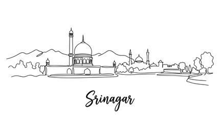 Obraz premium Srinagar city skyline panorama with mosque and mountains in continuous line art vector illustration
