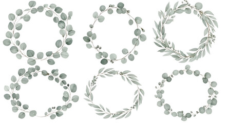 A collection of six diverse eucalyptus leaf wreaths in elegant watercolor style. © Shahinoor