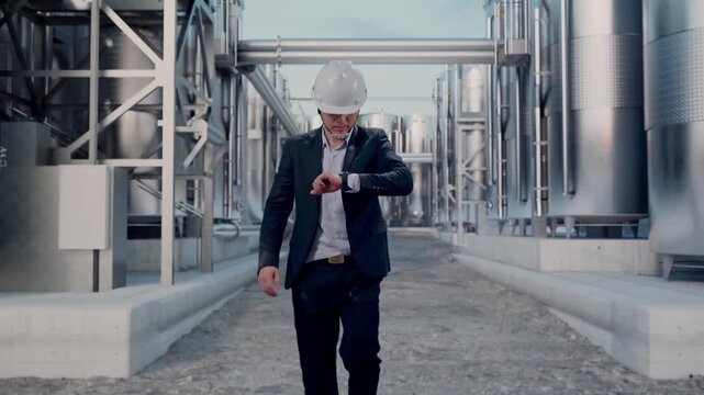 Front View of Asian Businessman Walking, Checking Time in Watch at Industrial Chemical Plant with Row of Stainless Steel Storage Silos