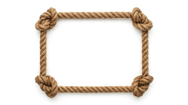 A thick, brown rope forms a rectangular frame against a white background. The rope features multiple tight knots at each corner, creating a sturdy and rustic border.