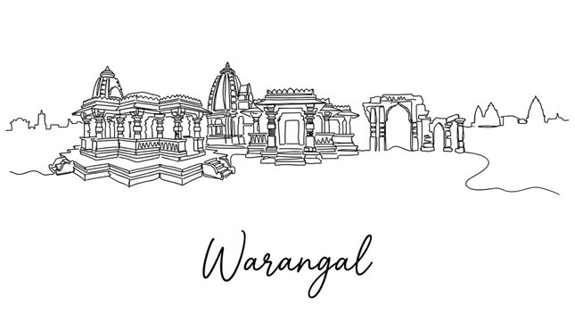 Warangal city skyline landmarks featuring Thousand Pillar Temple and Fort ruins continuous line art vector illustration