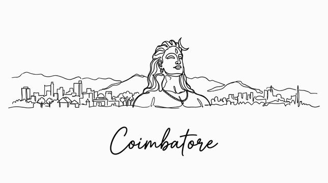 Adiyogi Shiva statue with Coimbatore city skyline and mountains continuous line art illustration