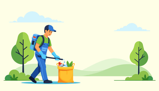 Environmental worker collecting trash in park during daylight  