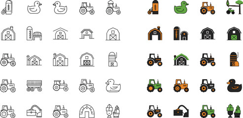 Obraz premium Farm and Agriculture Icon Set Featuring Barn Tractor Animals Crops and Rural Equipment in Outline and Color Styles for Farming Design