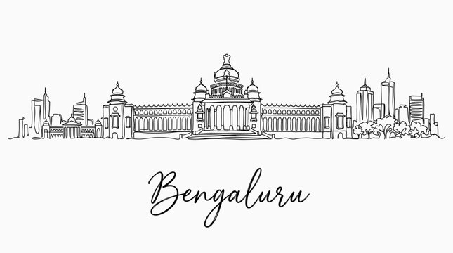 Bengaluru city skyline with Vidhana Soudha landmark minimalist continuous line drawing vector