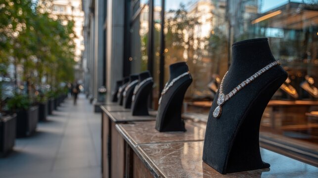 Diamond necklace display elegant luxury jewelry store window urban street high value gemstone retail shopping sparkling fashion accessory