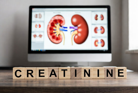 A computer screen displays images of human kidneys with the word "CREATININE" spelled out below.