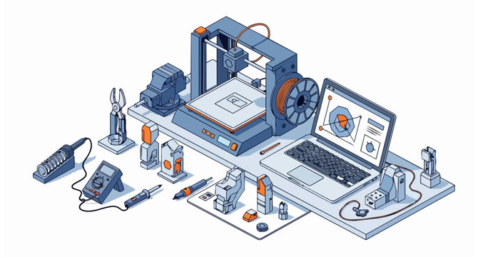 Isometric 3D Printing and Electronics Prototyping Workshop with Desktop Printer, CAD Software, and Engineering Tools