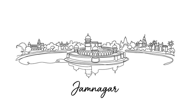 Jamnagar city skyline with Lakhota Palace on lake continuous line art vector illustration