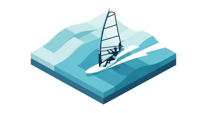 Isometric vector illustration of windsurfer maneuvering sail on blue ocean waves isolated on white background for water sports design