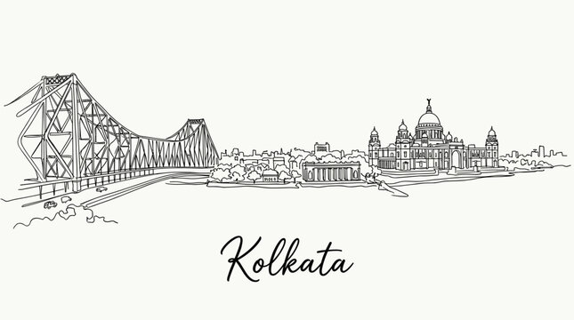 Kolkata city skyline featuring Howrah Bridge and Victoria Memorial line art illustration