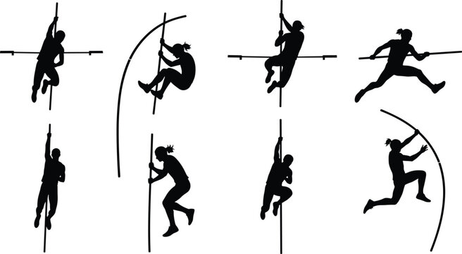 Professional collection of black silhouettes featuring male and female pole vaulting athletes in various stages of jumping and soaring over crossbars during competition.