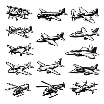 Collection of Military and Commercial Aircraft Aviation Vector Icons