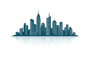 Obraz premium minimalist vector illustration of a city skyline silhouette in a monochromatic deep teal blue. The skyscrapers feature varied geometric designs with clean lines and stylized window patterns.