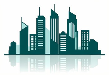 Fototapeta premium minimalist vector illustration of a city skyline silhouette in a monochromatic deep teal blue. The skyscrapers feature varied geometric designs with clean lines and stylized window patterns.