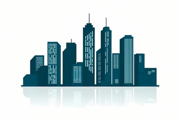 Obraz premium minimalist vector illustration of a city skyline silhouette in a monochromatic deep teal blue. The skyscrapers feature varied geometric designs with clean lines and stylized window patterns.