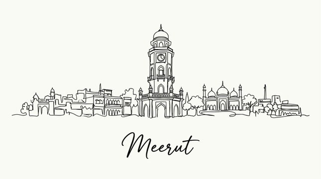 Meerut city skyline with Ghanta Ghar clock tower continuous line art vector illustration
