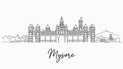 Obraz premium Minimalist Mysore Palace skyline and Indian city landmark continuous line art vector illustration