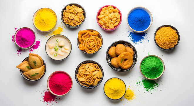 Vibrant Holi celebration with colorful powders and traditional Indian sweets arranged in bowls on a table indoors