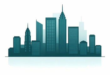 Fototapeta premium minimalist vector illustration of a city skyline silhouette in a monochromatic deep teal blue. The skyscrapers feature varied geometric designs with clean lines and stylized window patterns.