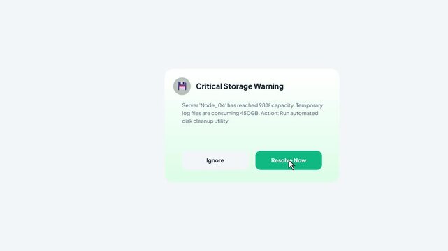 Critical Server Storage Warning Dialog Box with Glowing Green Resolve Button on White Background Isolated for IT Maintenance and Cloud Infrastructure Concept