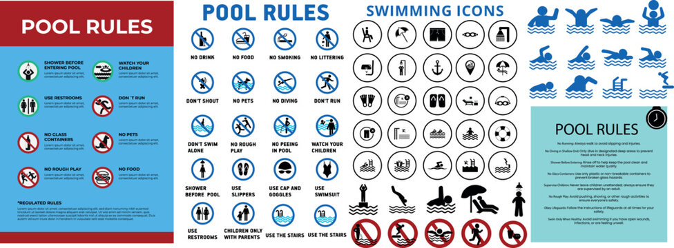 Swimming Pool Safety Signs Mega Set Rules Icons Warning Labels and Instruction Symbols Vector Collection