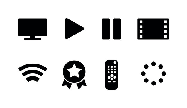Video streaming service: TV screen, play button, pause button, film strip, streaming waves, subscription badge, remote control, buffering circle
