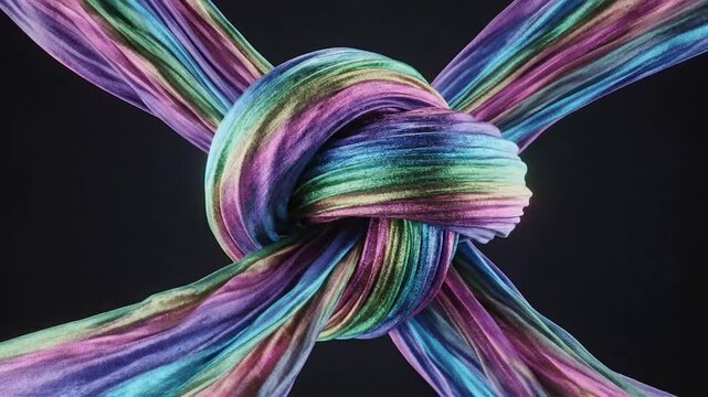 A complex knot formed from colorful, iridescent fabric strands against a dark background