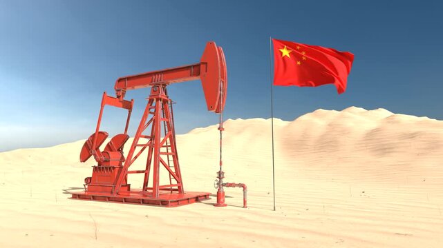 China oil industry concept with pumpjack and national flag in desert landscape. 3D Render