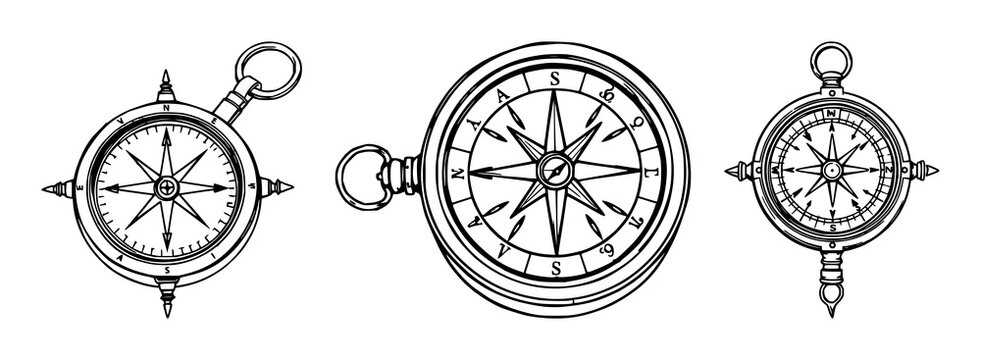 Ornate brass compass set with black line art and intricate detailing featuring steampunk elements, vintage design, navigation tools with antique style and exploration themes