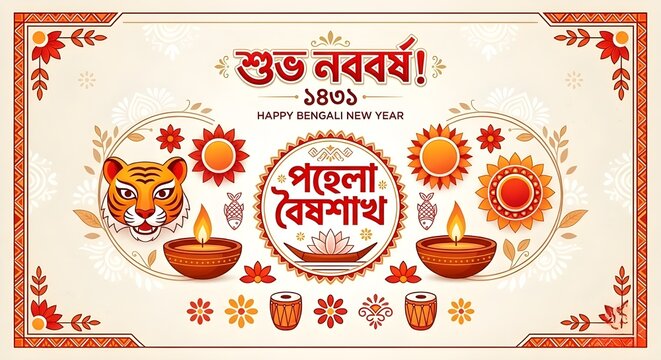 Bengali New Year Banner Background with Traditional Pohela Boishakh Elements, Colorful Floral Ornaments, and Folk Art on White Space
