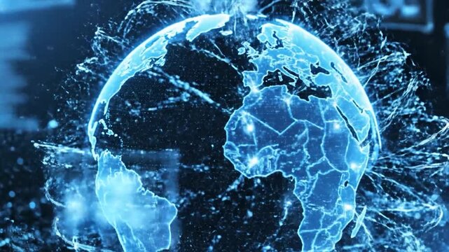 Digital glowing globe with interconnected lines representing global network connections and data flow