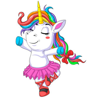 Cute unicorn ballerina dancing , magical pony wearing pink tutu and ballet shoes, colorful rainbow unicorn character illustration