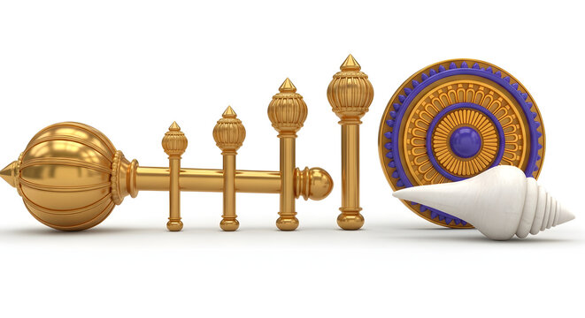 Golden ceremonial objects with conch shell on white surface