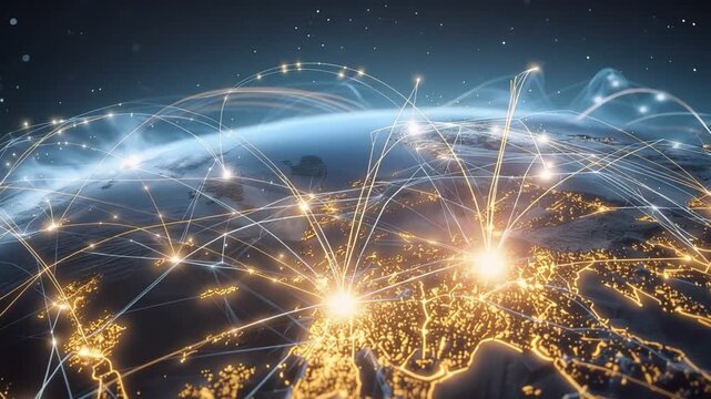 A captivating view of Earth from space, showcasing interconnected networks of data with glowing lights representing global connectivity and technological advancement.