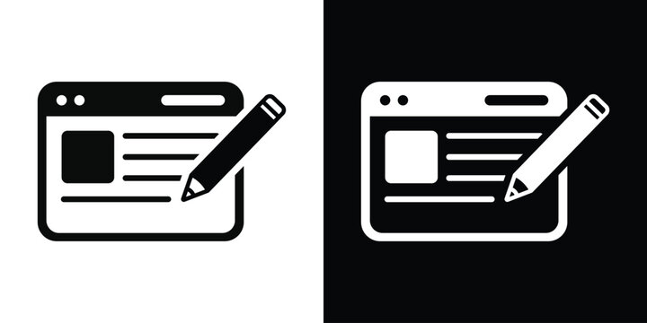 Vector illustration of a web browser window with a pencil, symbolizing website design, online content editing, blogging, and interface development in flat black and white styles.