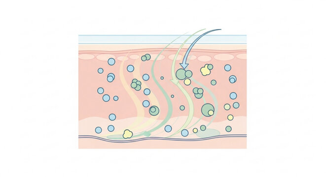 Medical illustration of skin layers showing active ingredient absorption process with microscopic particles penetrating epidermis and dermis for beauty