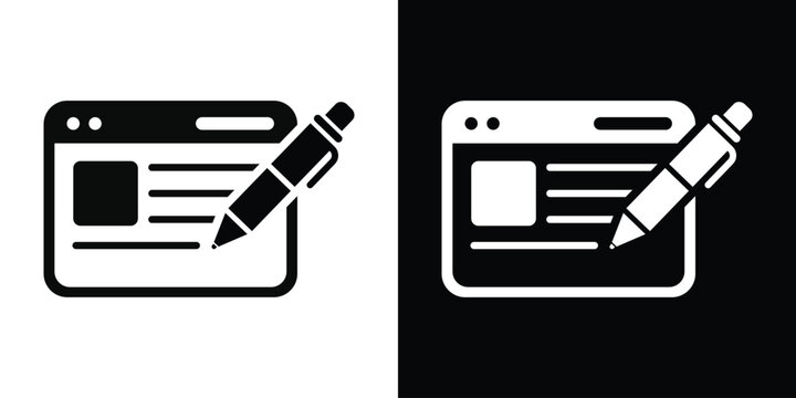 Vector illustration of a web browser window with a pencil, symbolizing website design, online content editing, blogging, and interface development in flat black and white styles.
