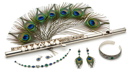 Obraz premium Peacock feather adorns silver flute with matching jewelry on display