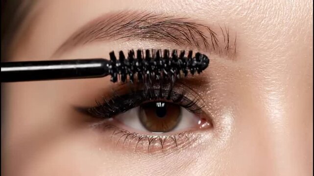 Detailed close-up of a woman's eye applying mascara to her lashes, illustrating a precise step in her beauty routine and the art of cosmetic application for captivating eyes