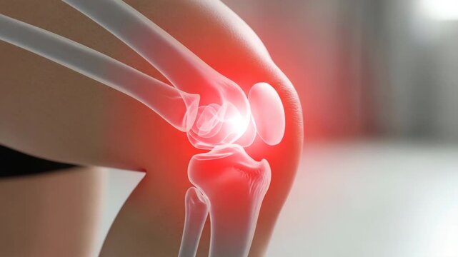 Close up of human knee joint with intense red glowing pain
