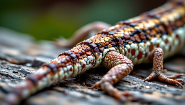 The image features a close up view of a colorful, patterned reptile, likely a skink or a similar lizard, resting on a rough, textured surface such as a tree bark or log