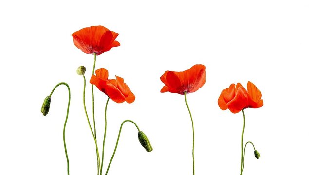Close up of red poppies isolated on white background, gently moving in a light breeze wind, HD loopable video footage, seamless loop