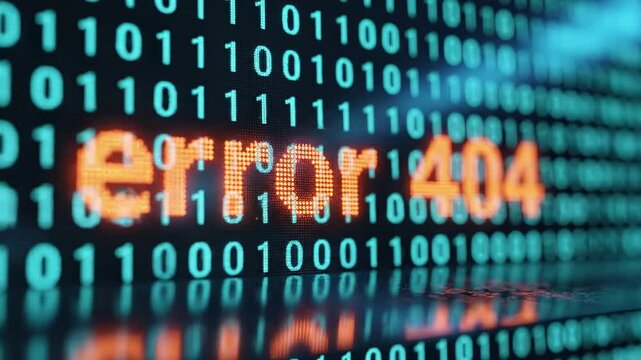 This depicts a computer screen with an error 404 message and binary code, highlighting technical difficulties and system malfunction, with a focus on cyber security and technology.