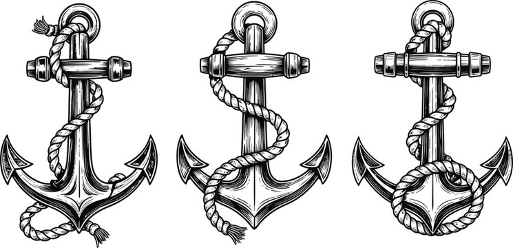 Anchor set nautical maritime symbol vintage style with rope hand drawn illustration.