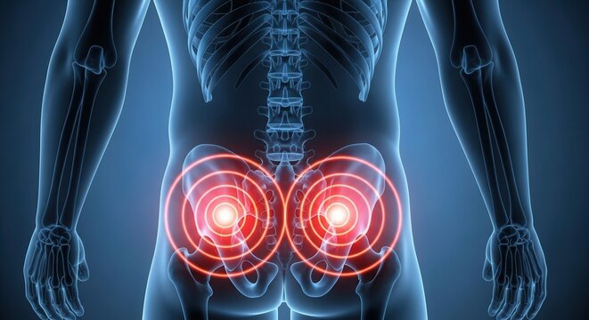 3D rendering of a human body with highlighted pain in the lower back and hip area, indicating discomfort or injury.