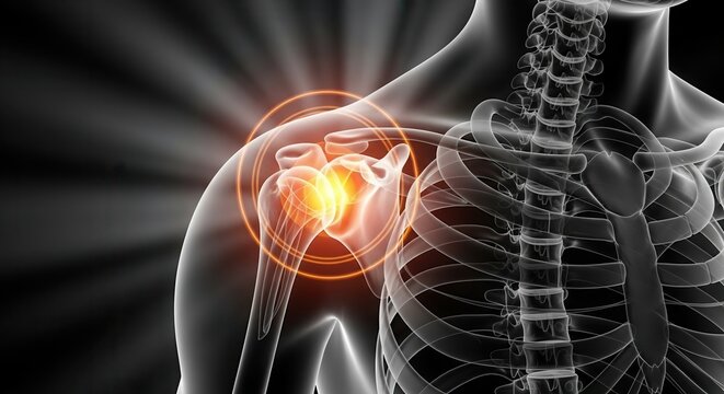 3D rendering of a human skeletal upper body with a glowing orange highlight on the shoulder joint, symbolizing pain or injury.